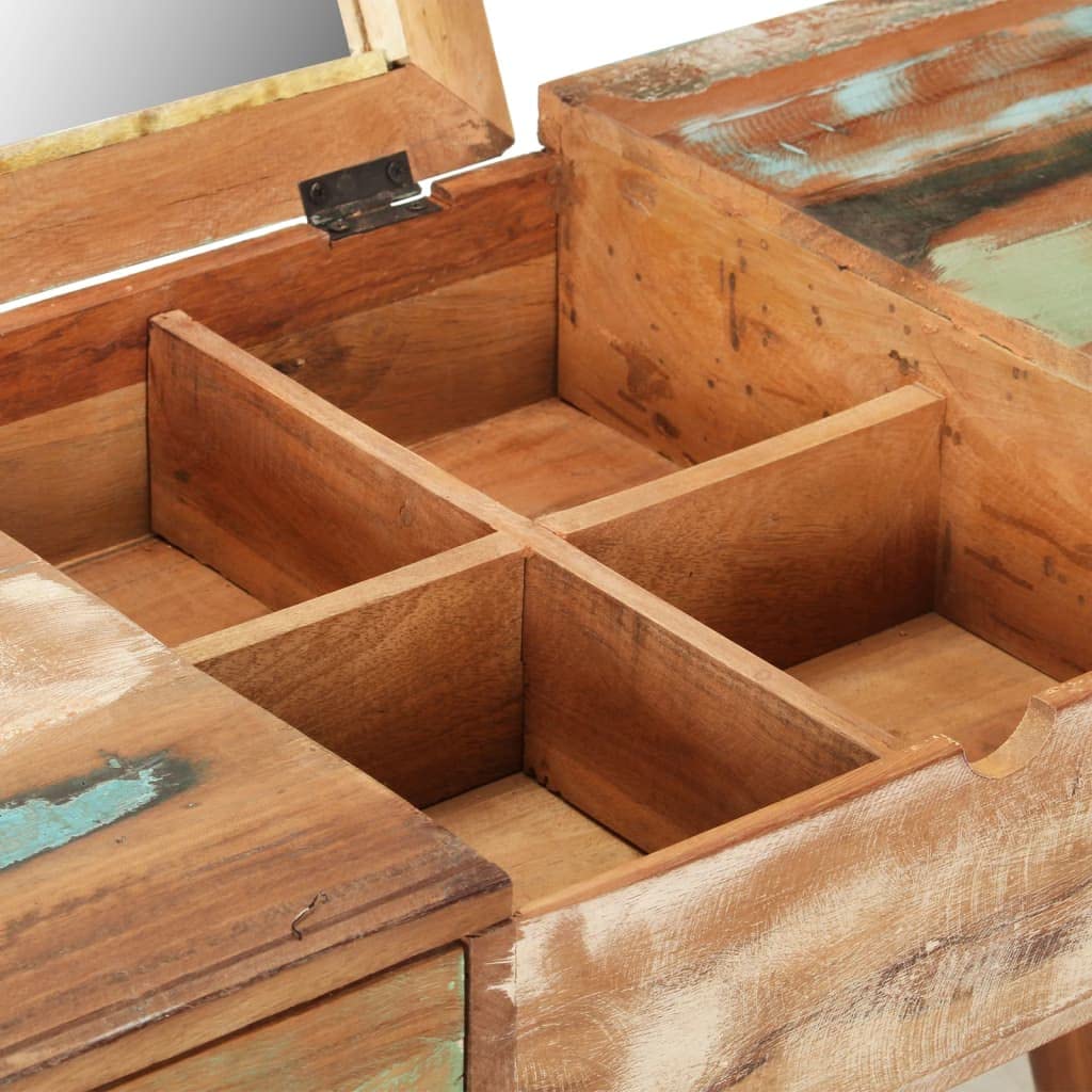Tavolo da Trucco in Legno Massello di Recupero 112x45x76 cm con Specchio, 2 Cassetti e Scomparto Nascosto, Mobiletto Salvaspazio per Camera da Letto, Postazione Make Up con Organizzatore