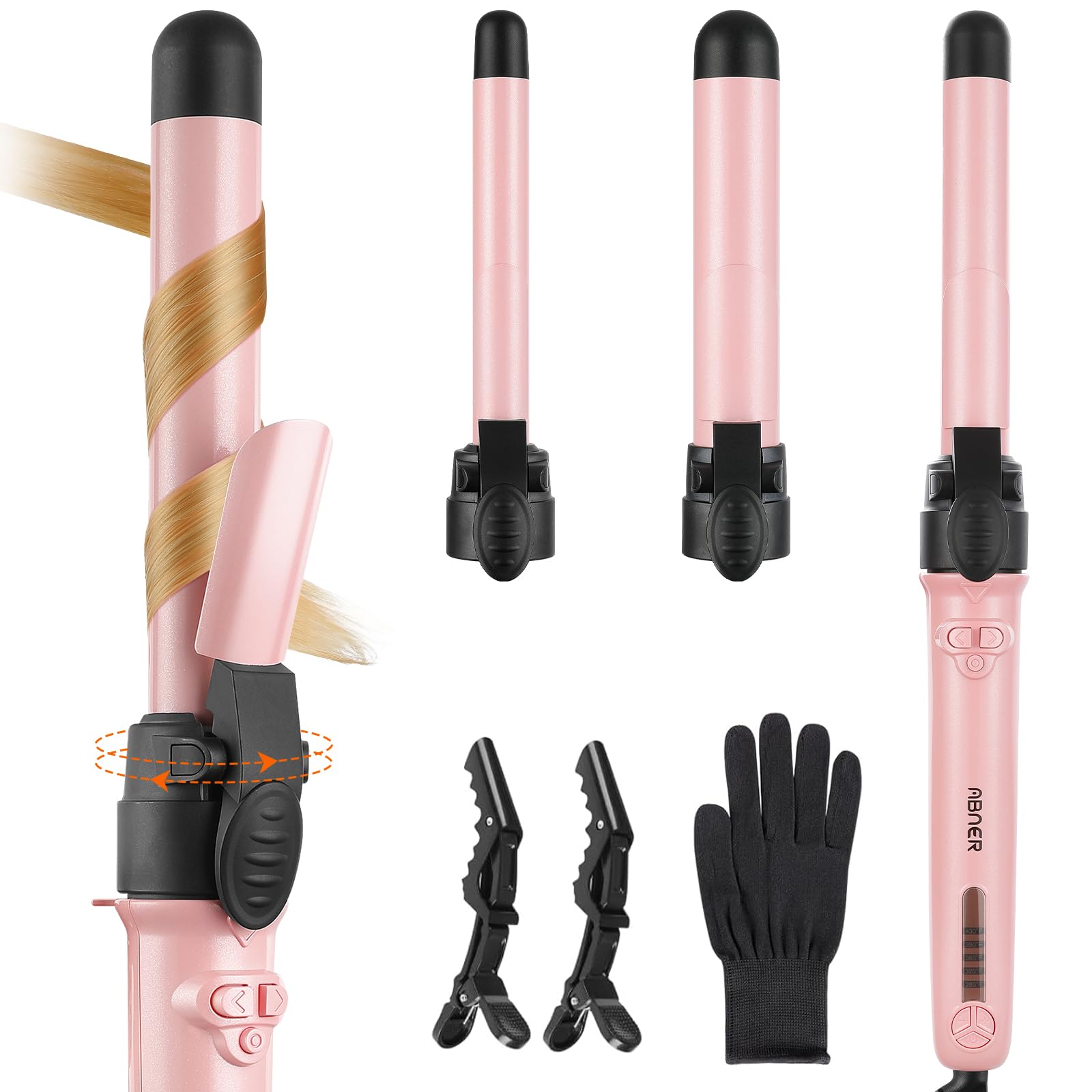 Rotating Curling Iron Set, Automatic Curling Wand for Long Hair Easy to Use Hair Curler Get Effortlessly-Chic Beach Waves 3 Sizes Ceramic Barrel 0.75"
