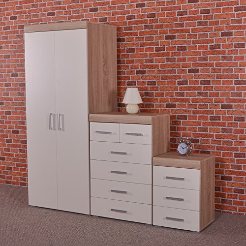 DRP Trading *Bedroom Furniture Set White & Sonoma Oak* 2 Door Wardrobe, 4+2 Drawer Chest & 3 Draw Bedside Cabinet