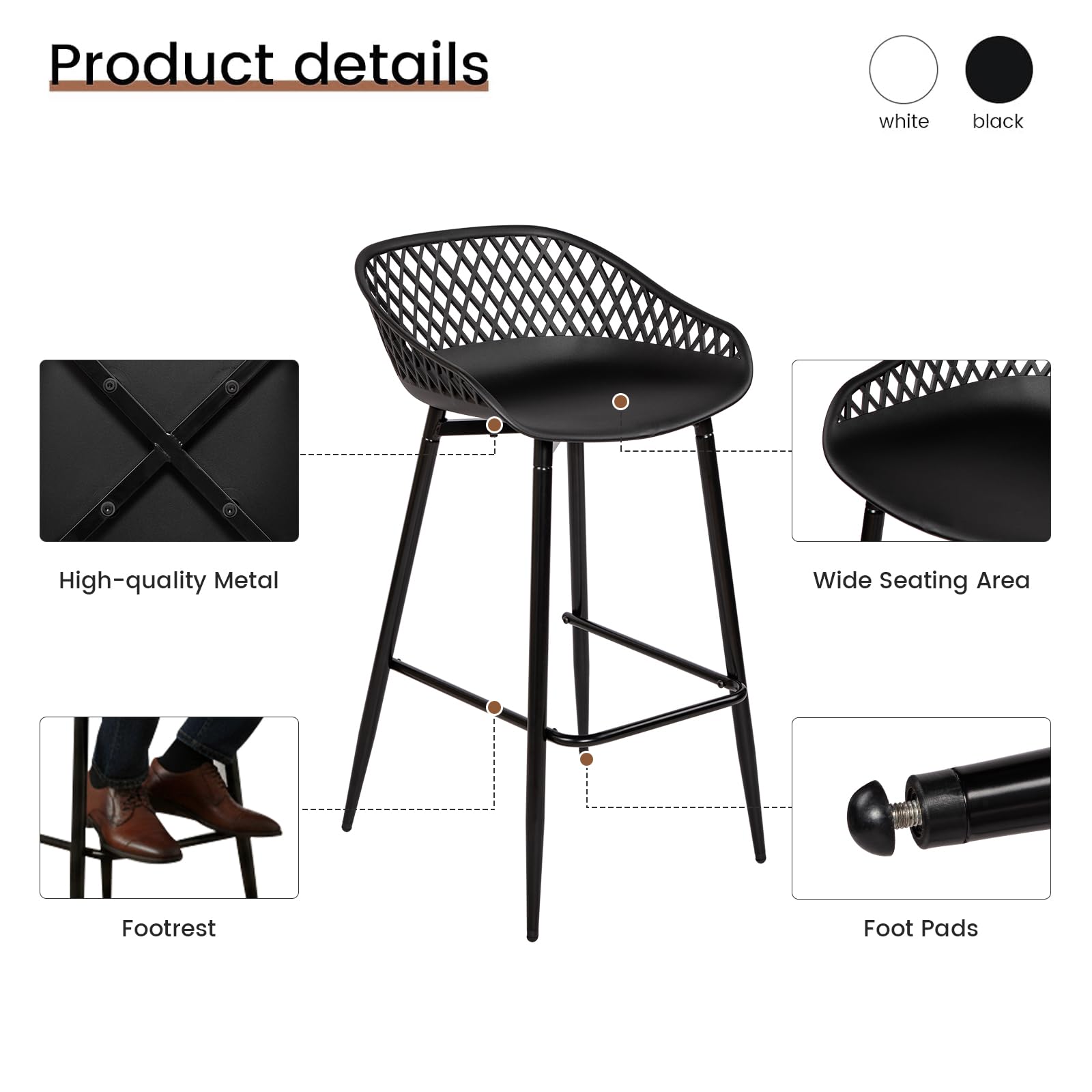 buybyroom Tabouret de Bar avec Dossier et Repose-Pieds, Lot de 4, Chaise Haute pour Cuisine, Îlot Central, Bar et Extérieur, Hauteur Assise 68cm, Pied en Métal, Noir