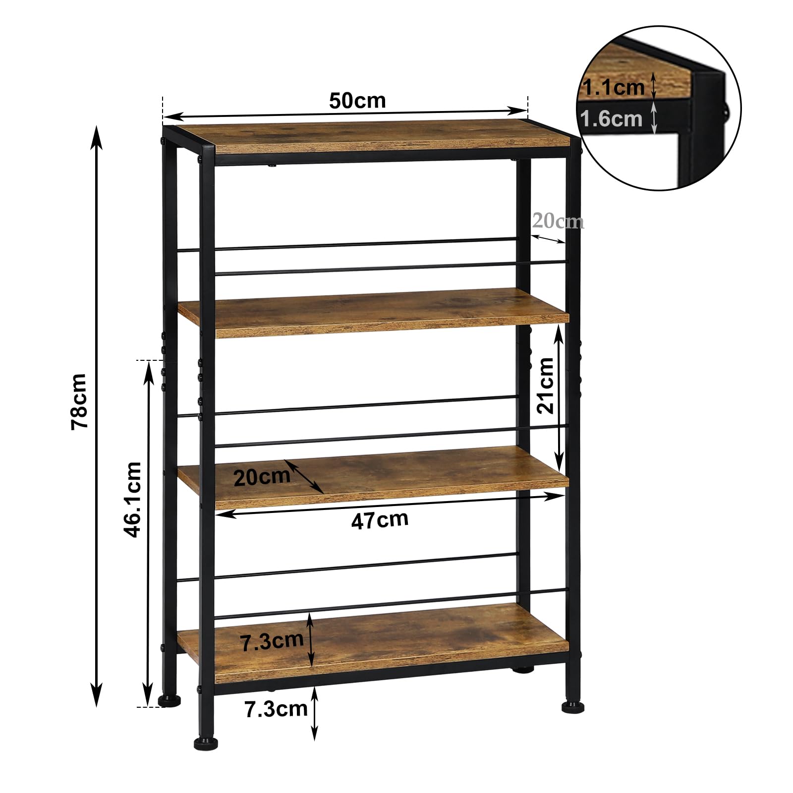 WOLTU Estanteria de 4 Niveles, Estante de Almacenaje, Estanterias para Cocina, Salon y Dormitorio, Libreria Estructura Metal, Marrón Rústico + Negro, 50x20x78 cm, RGB52shm