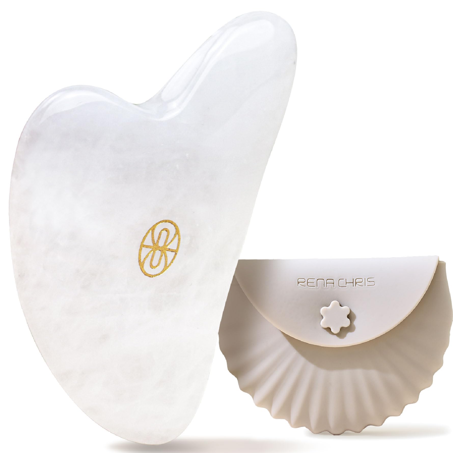 Rena Chris Gua Sha Facial Tools, Ergonomic White Jade Stone Guasha Tool for Face Massage, Manual Facial Massager Tool for Jawline Sculpting and Puffiness Reduction with Silicone Case (White)