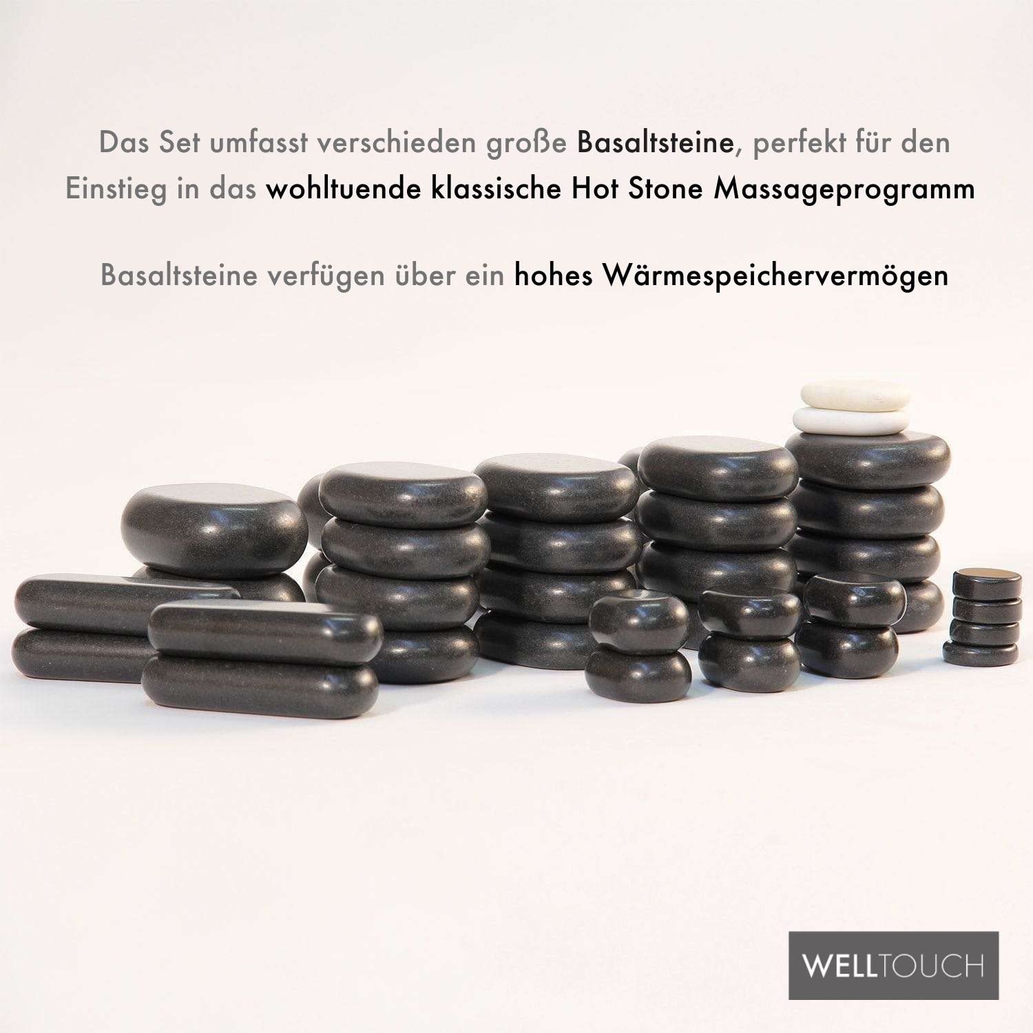 WellTouch Hot Stone Massage Steine Set | 40 Steine inklusive Cold Stones | Heiße Massagesteine aus Basalt | Mit dekorativer Bambuskiste | Wellness Wärme-Behandlung | Massagetherapie