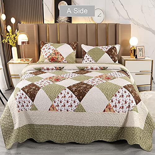 Green Patchwork Quilt Set Queen Size Floral Reversible Quilted Bedspread Coverlet Set 3-Piece Lightweight Comforter Bedding Set Stitched Bed Sheet Cover Blanket With 2 Pillow Shams For All Seasons #TOP1