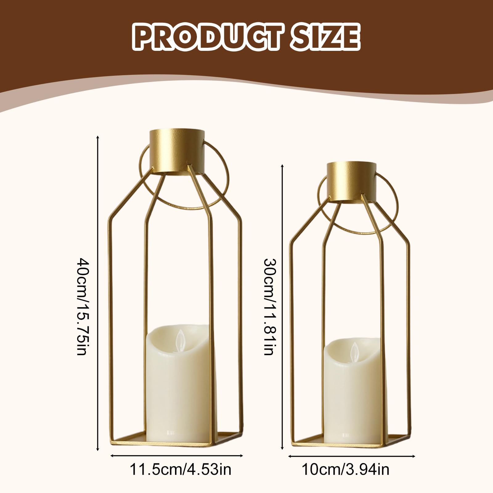 Farolillos para exterior con velas LED, juego de 2 farolillos de jardín de 32 + 40 cm, farolillos decorativos de acero inoxidable, farolillos decorativos para decoración de mesa, boda, Navidad (dorado