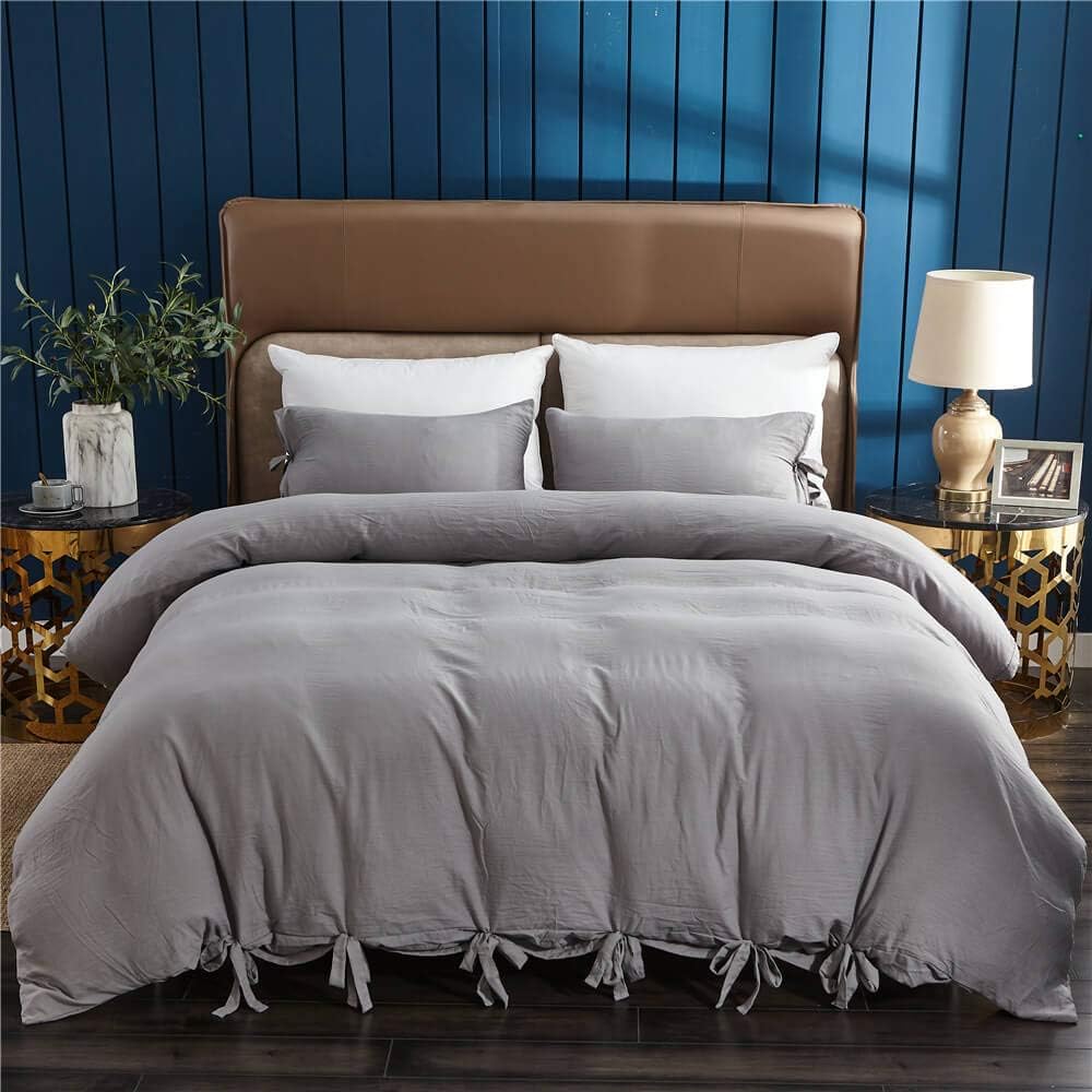 Bow Tie Duvet Cover 104” x 90”, Ultra Soft 3 PCS Bowknot Bedding Set, Washed Microfiber Duvet Cover Set (Grey, King) (No Comforter)