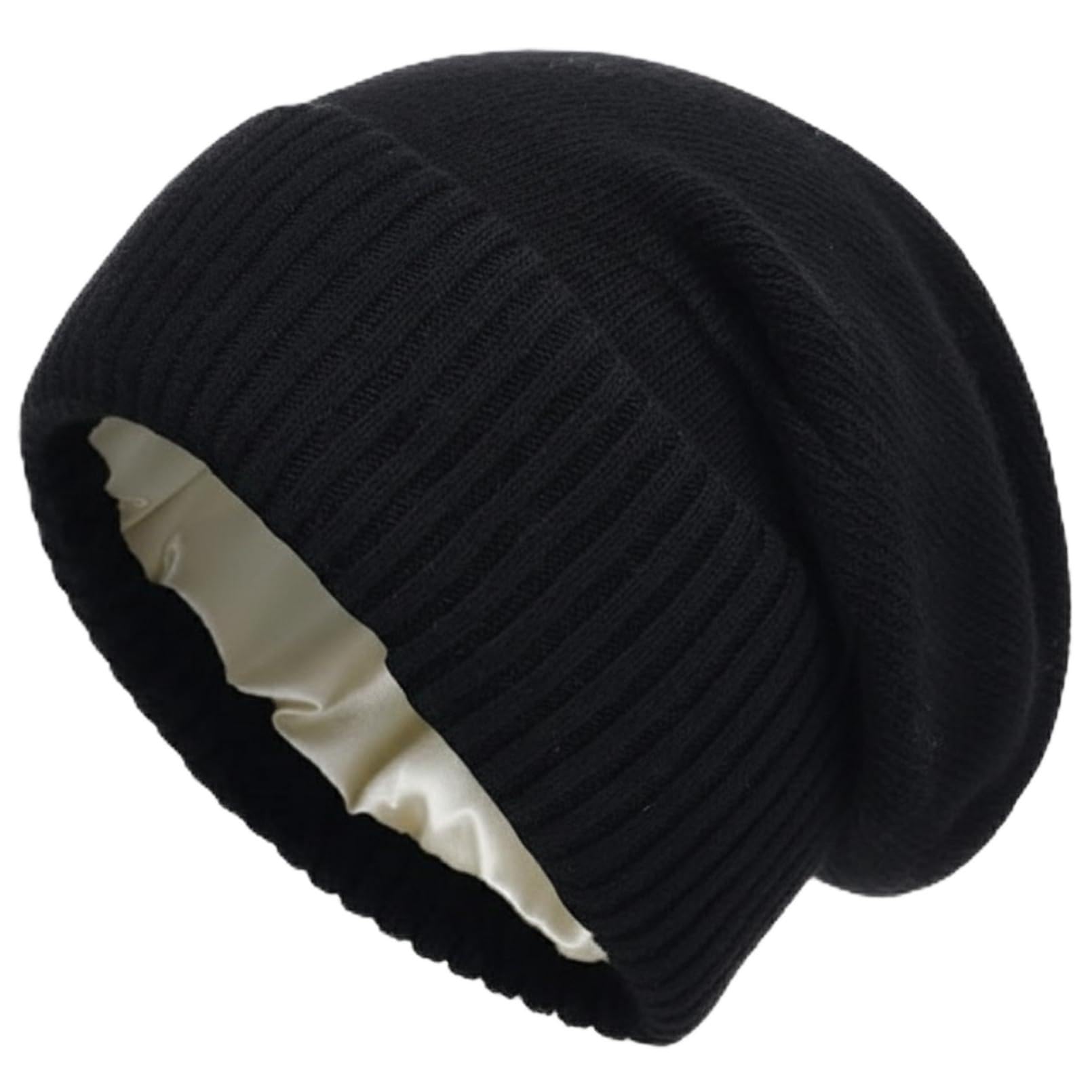Cashmere Blend Satin Lined Beanie Hat Wool Winter Hats for Women Men Cuffed Hat Silk Lining Slouchy Beanie
