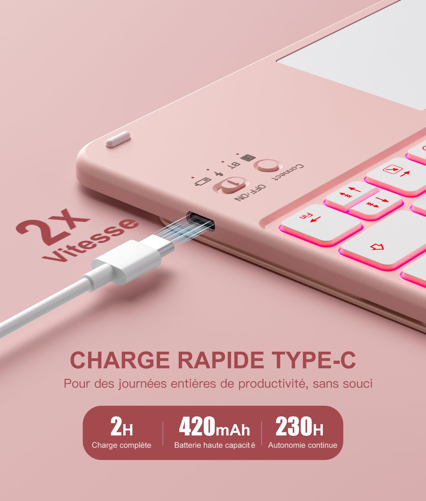 Vobafe Coque Clavier pour iPad A16 11/10 Ème Génération (11 Pouces 2025/10.9 Pouces 2022), Étui Keyboard avec Rétroéclairage 7 Couleurs et Pavé Tactile, Clavier AZERTY Rechargeable, Rose Clair
