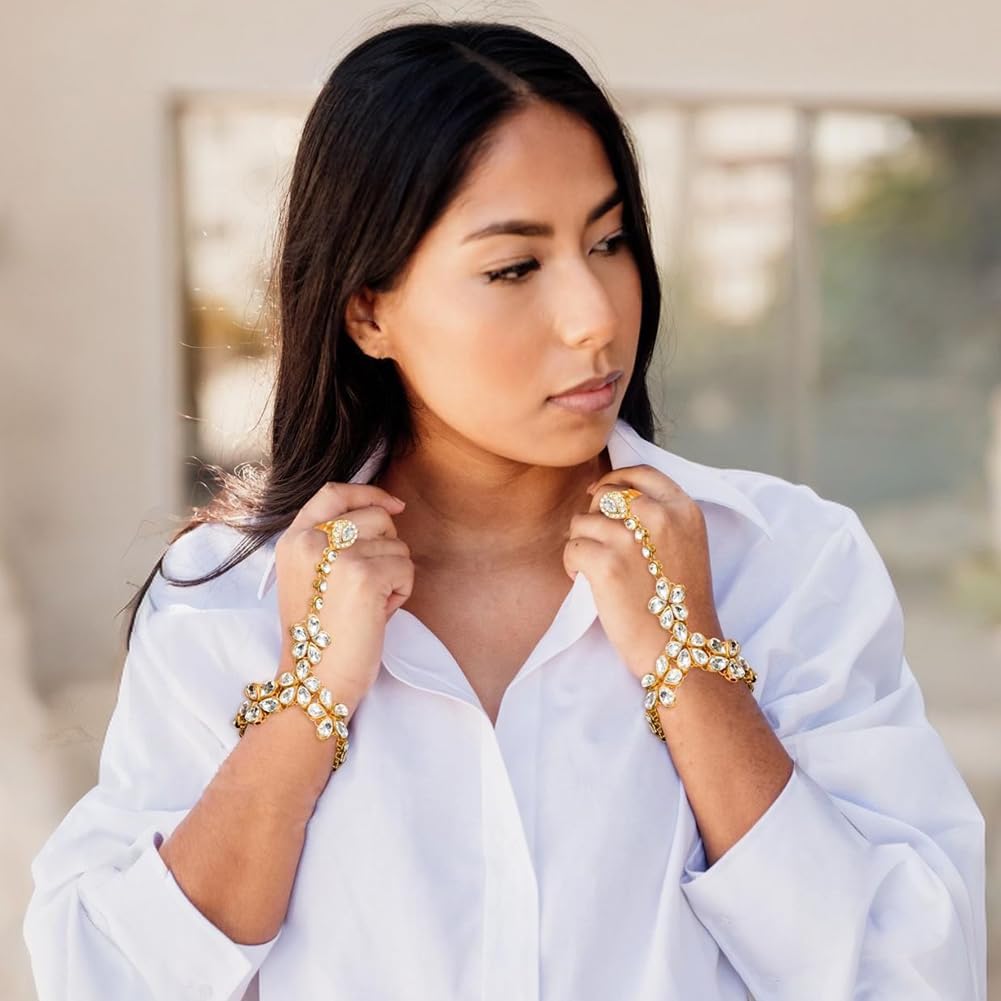 Duel On Jewel Indian Ethnic Women’s Haath Phool Hand Ornament Bracelet Sets with Adjustable Chain Loop Ring, White Kundan Stones, Gold-Plated, 7-Inch Bracelet, Bridal Wedding Party Dance Jewelry