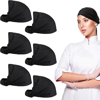 Shyyween 6 Pcs Women Chef Bandana Headbands Kitchen Cooking Hair Band Adjustable Chef Hat Breathable Chef Beanie for Women Men Long Hair Accessories Black