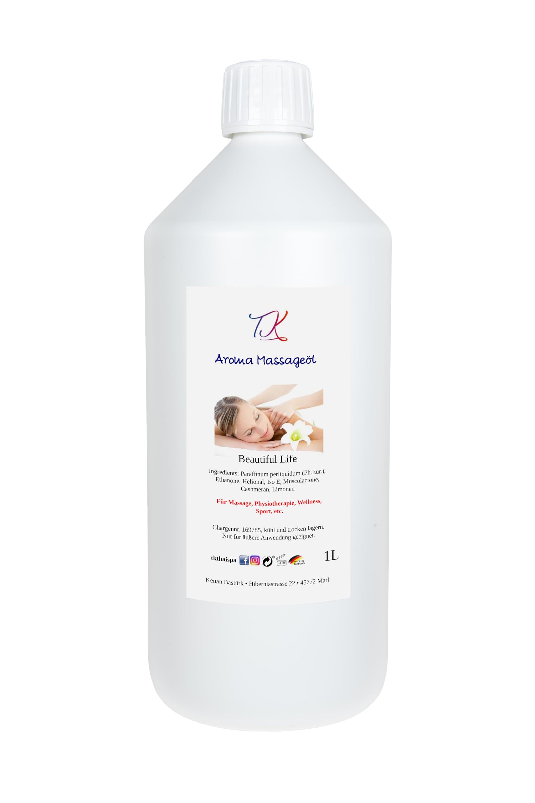 Aceite de masaje aromático para masajes, fisioterapia, bienestar y mucho más, calidad medicinal (1l, Beautiful Life)