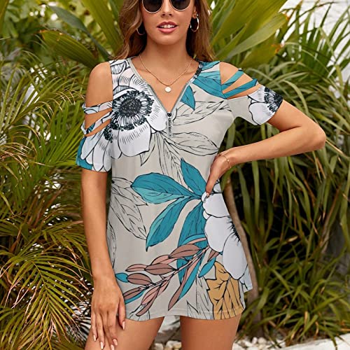 KccOsg Túnica feminina para usar com leggings, túnicas florais com ombro vazado, ajuste solto, zíper