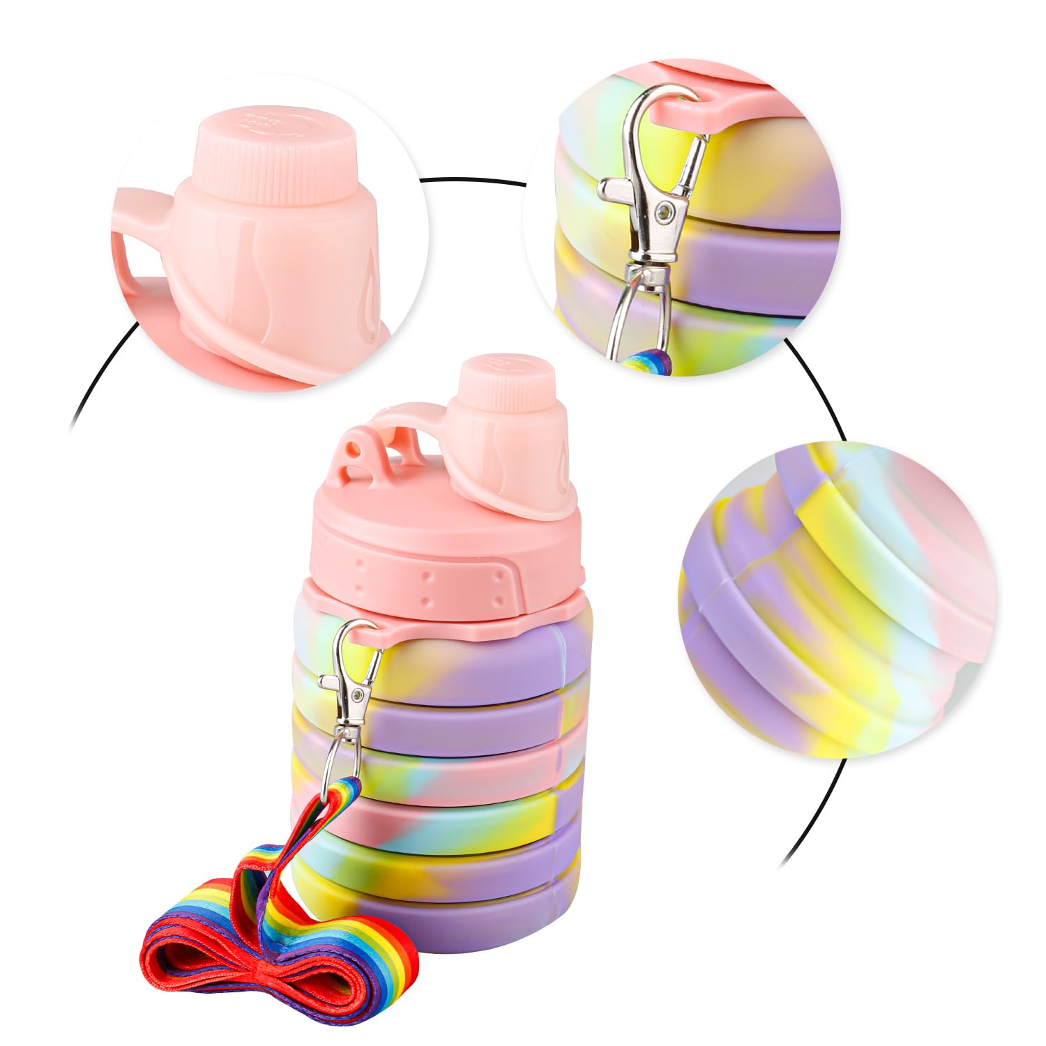 Rumyve 500ml Collapsible Silicone Water Bottle,Portable Leak Proof Water Bottles with Lanyard Straps,Octdoor Accessories for Kids Girls Boys Sports Hiking Trip Camping(Camouflage pink) - Image 3