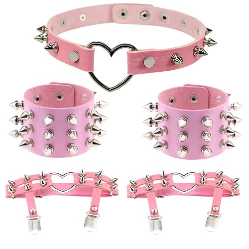 5Pcs Women Leather Garters Girl Punk Leather Choker Necklace Cuff Bracelets Sets - One Size - Pinka