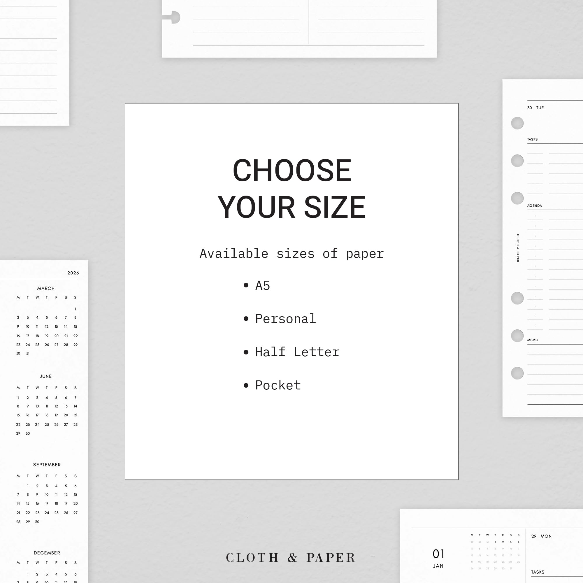 Cloth & Paper Planificateur mensuel daté 2027 - Début du dimanche - Recharges de planificateur demi-lettre avec pages de calendrier mensuel, objectifs, priorités, dates importantes, notes, jours