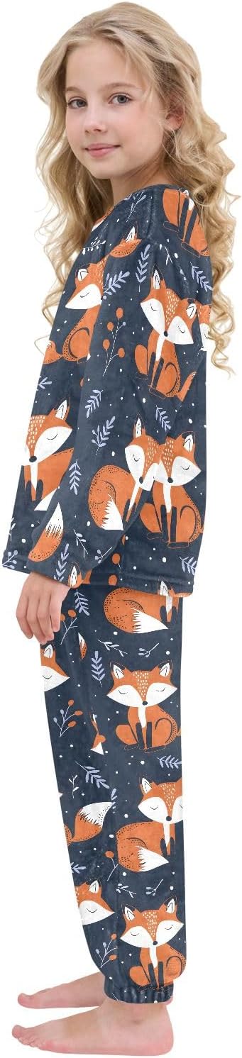 Kids Flannel Sets Fox and Plant Warm Plush Relaxed Clothing for Boys and Girls