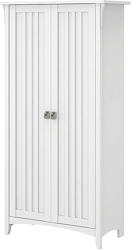 Bush Furniture Salinas - Armario de almacenamiento alto con puertas en Shiplap gris y blanco puro, unidad de almacenamiento de oficina, organizador