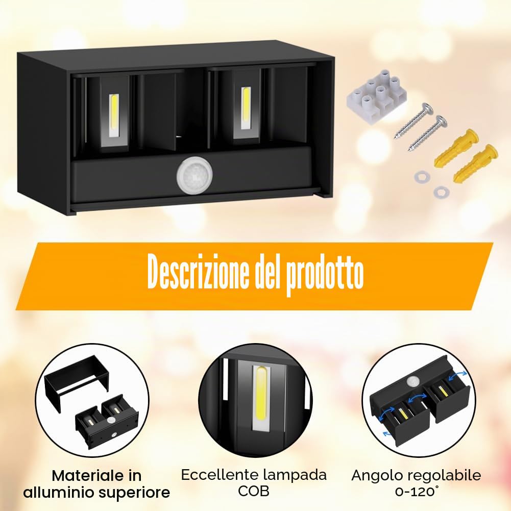 Klighten Lampada da esterno,24W Applique da Parete con sensore di movimento per luci esterni/interni Lampada da parete con fascio regolabile IP65 Impermeabile 4000K,Nero