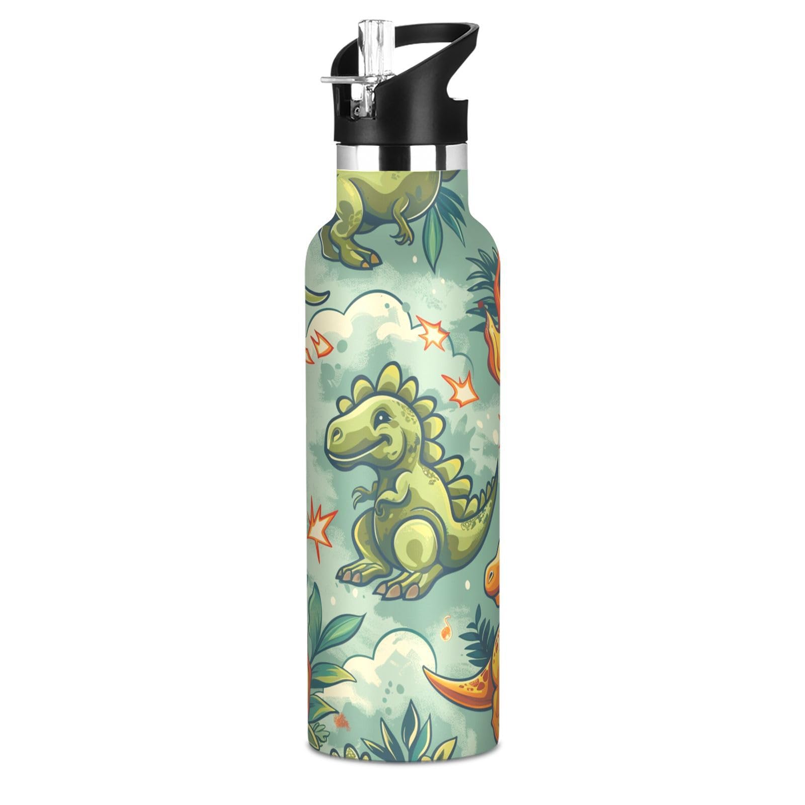 Kaaviyo Boys Pattern Dinosaurs Roaring Green Plants Water Bottle Stainless Steel Jug Insulated Vacuum Cup For Girls(600Ml)