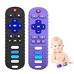 ERSIHUA 2-Pack Silicone Baby Teething Toys, Fire TV Remote Shape for 18 Months Infant, Toddlers, Boys and Girls Early Educational Sensory Toy (Black+Purple)