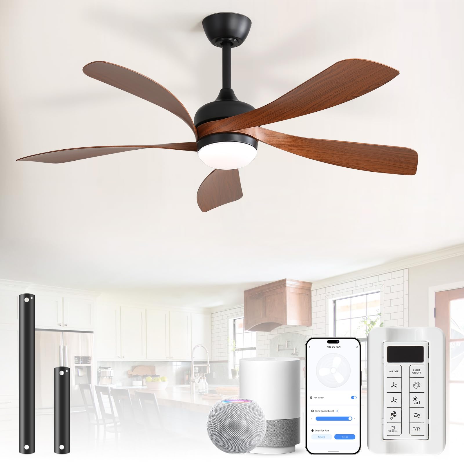 CACI Mall 52 inch Smart Ceiling Fan with Lights, Remote Control, Compatible with Alexa/Google/App, 5 Blades, Dimmable Lighting, Quiet, Indoor/Outdoor Ceiling Fans for Living Room, Bedroom, Patios