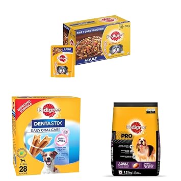 Pedigree Wet Dog Food, Grilled Liver Chunks Flavour in Gravy with Vegetables, 15 Pouches & Dentastix Oral Care Treats, 28 Sticks & PRO Expert Nutrition Dry Food for Small Breed Adult Dogs, 1.2kg