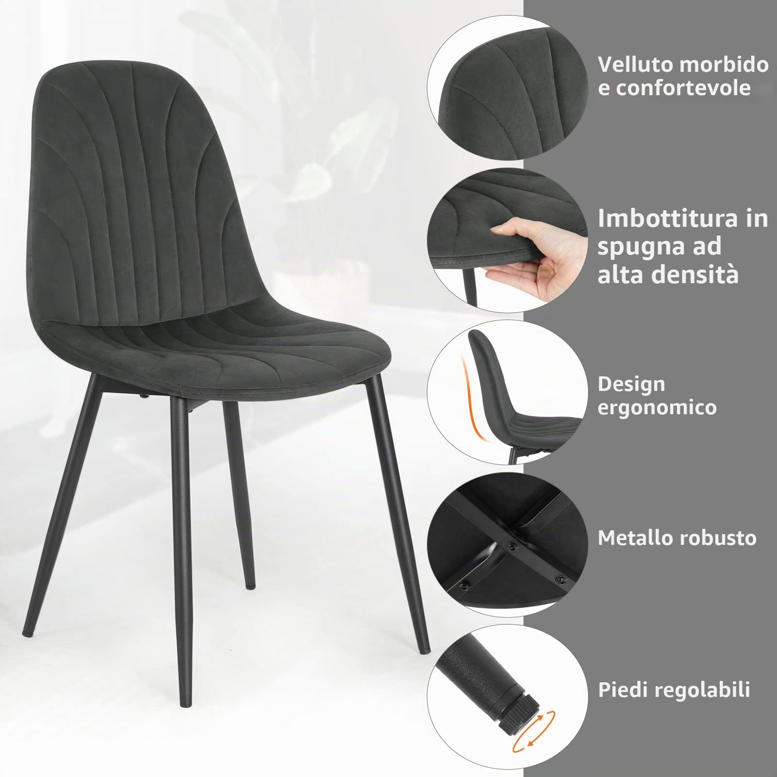 Lestarain Set di 2 Sedie per Sala da Pranzo in Velluto, Sedie da Cucina con Schienale Ergonomico, Seduta Imbottita, Gambe in Metallo, per Camera da Letto, Salotto, Grigio Scuro, LCNI114001-2