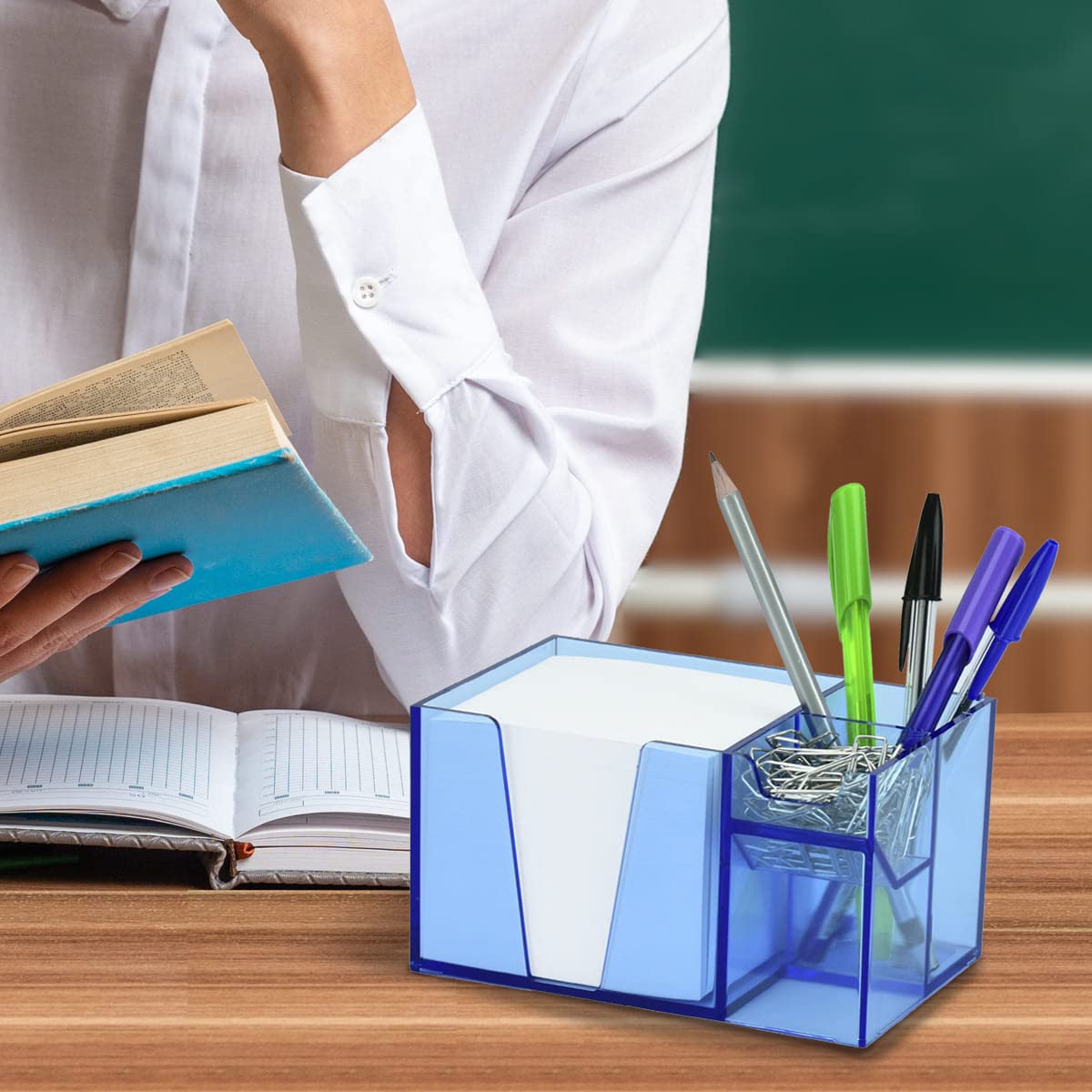 Acrimet Schreibtisch-Organizer für Stifte, Büroklammern, Kunststoff, mit Papier) (durchsichtiges blau)