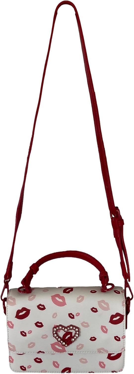 Betsey Johnson XO MYLES Allover Red/Pink Kiss Lips Printed MINI Red & White Faux Leather Fold Over Closure with XOX Rhinestone Red Heart Plaque Fashion Detail MINI Top Handle Crossbody Shoulder Bag