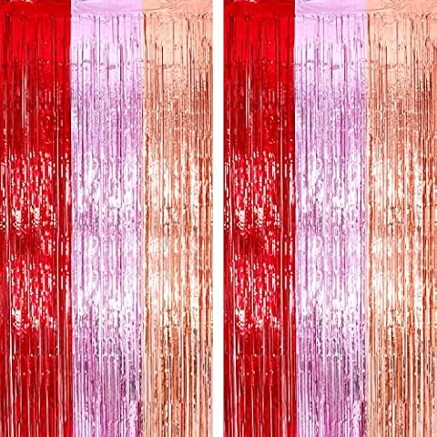 3 Pack Valentines Day Red Pink and Rose Gold Tinsel Foil Fringe Curtains, 3.3X8.2 ft Metallic Foil Curtains for Home Outdoor Valentines Day Party Photo Booth Props Decorations Valentines Day Decor Cover