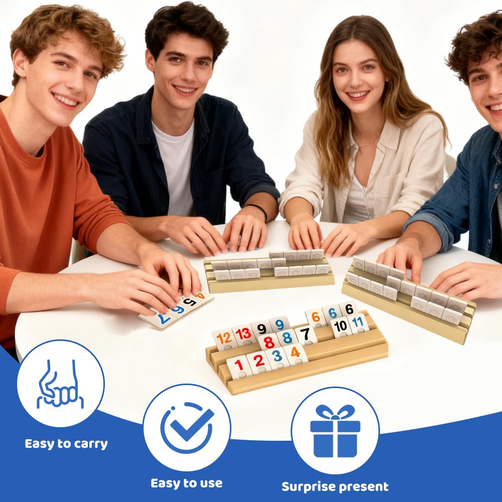 Rummy Jeu de Societe, Rami Jeux de Carte Coffret avec 1 Sac de Rangement, 4 Support, 112 Tuiles Robustes, Jeu de Rummy pour Les Joueurs