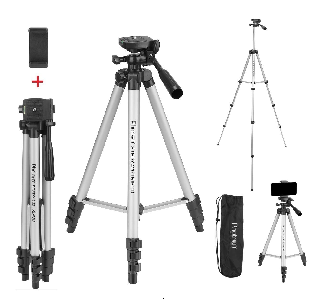 PhotronStedy 420 Tripod 50 Inch with Mobile Holder for Smart Phone, Camera, Mobile Phone | Extends to 1240mm (4 Feet) | Folds to 425mm(1.4 Feet) | Weight Load Capacity: 2.5kg | Case Included, Silver