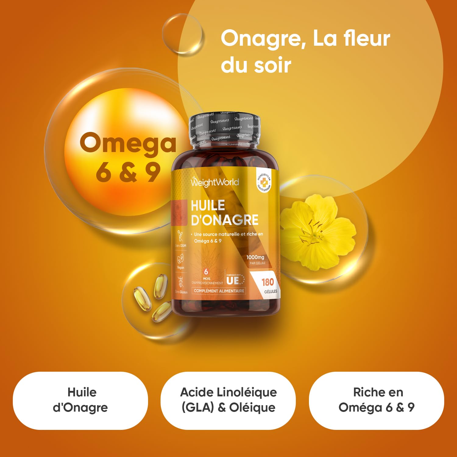 Huile d'Onagre Pressée à Froid 1000mg - 180 Gélules Vegan Multi Usages pour 6 Mois - Riche en Oméga 6, Omega 9 avec Acide Linoléique, Oléique & Gamma-Linolénique, sans OGM, sans Gluten