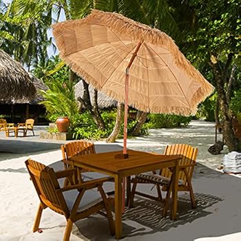 GOPLUS Parasol Hawaii Straw Parasol 30° Folding Beach Umbrella with Crank Bast Parasol 8 Ribs Patio Umbrella Portable Table Screen Garden Shade for Sun Protection Brown 270 cm