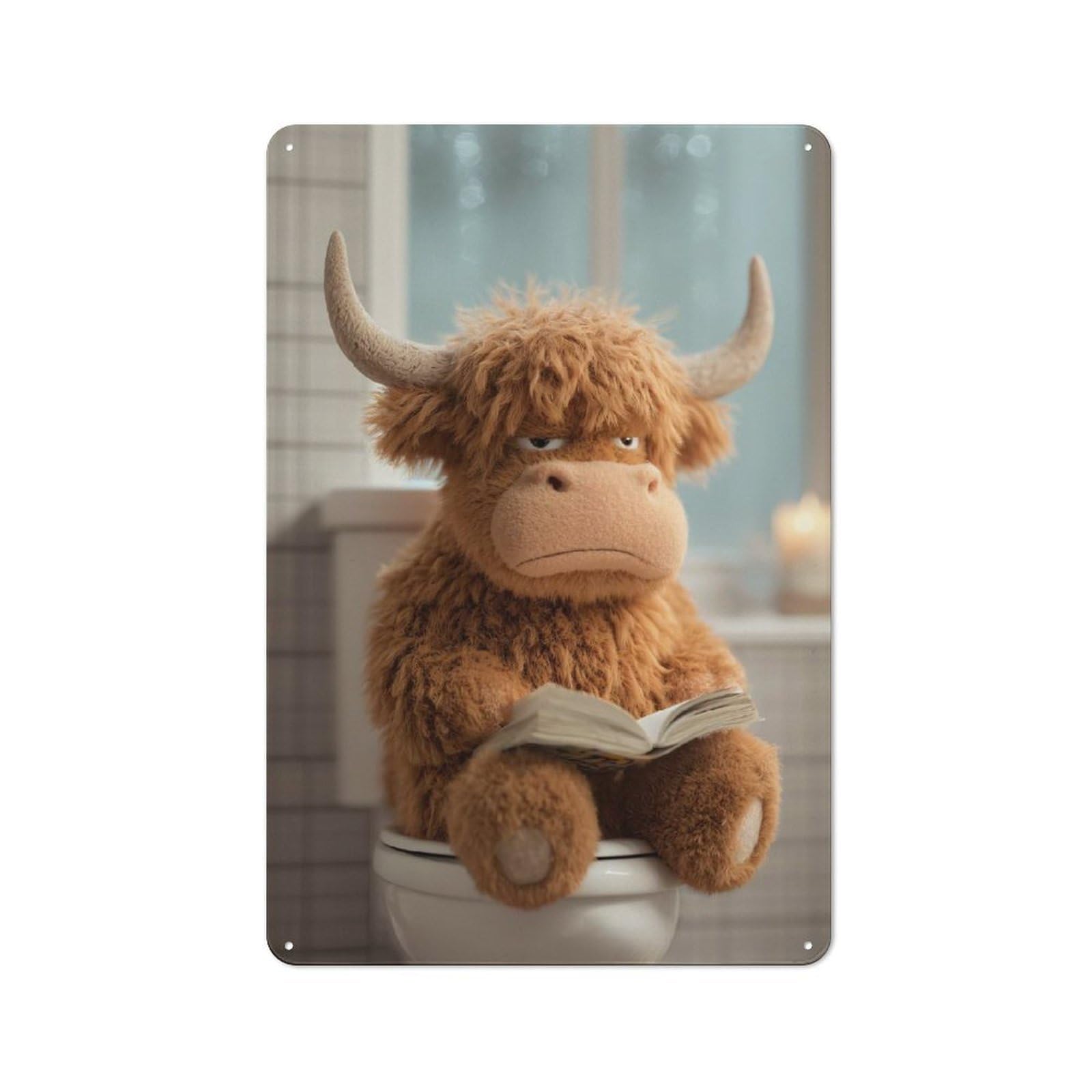 Junmoney Style-24 Industrial Stuffed Highland Cow Reading On Toilet Decorative Metal Plaque 30X20cm, Studio Wall Art For Flat, Bar, Studio Or Gallery Wall