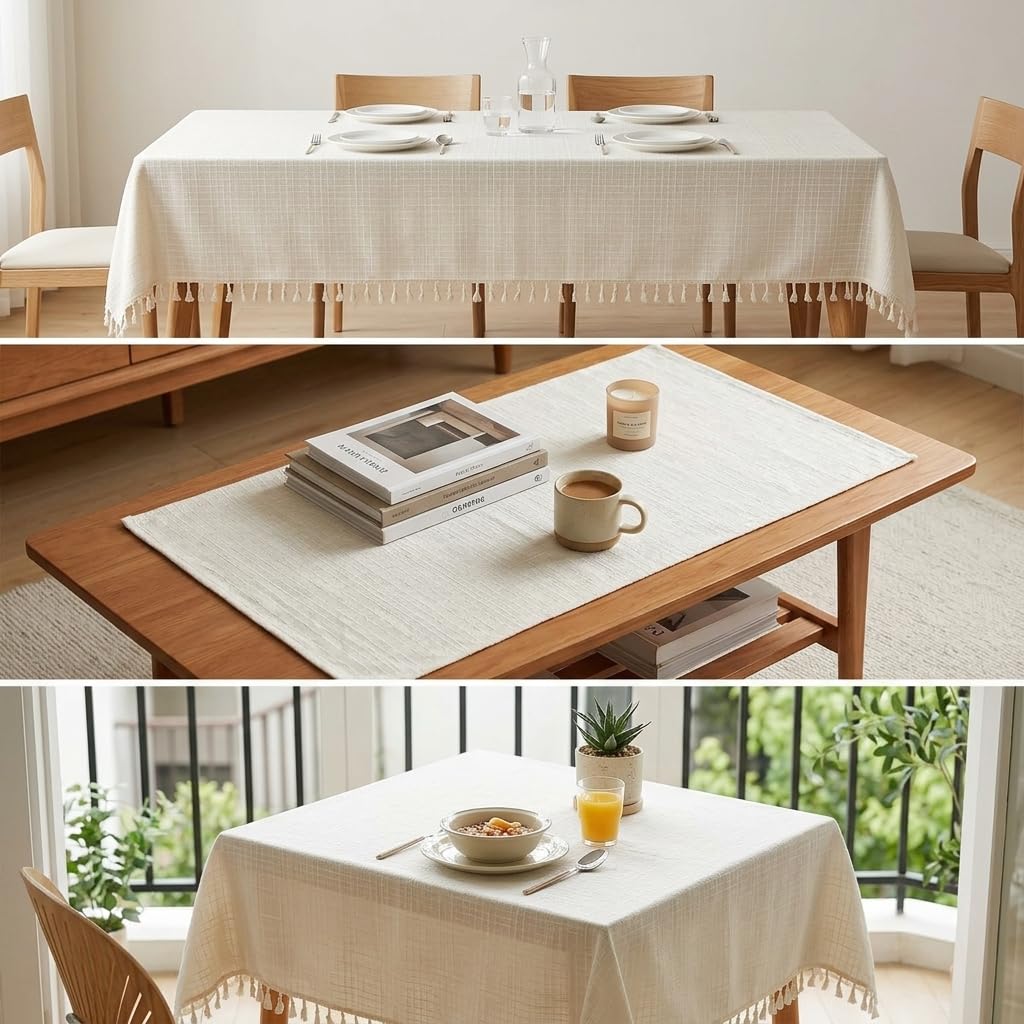 Mantel Antimanchas Rectangular, Mezcla Algodón Diseño Cuadros, Borlas Decorativas Modernas, 180x140 cm para Mesa, ZY思哲桌布-米白, Size to 1