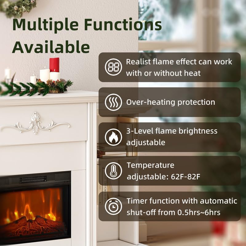 Electric Fireplace with Mantel 23" Electric Fireplace Insert, Wooden Surround Firebox TV Stand with Log & Remote Control, 750W-1500W, White