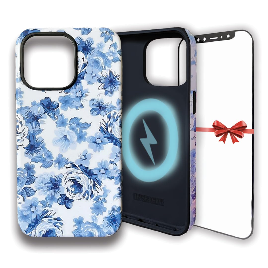 iPhone 14 pro max Case Blue Floral MagSafe Compatible Free Screen Protector Dual Case for Heavy Duty Protective