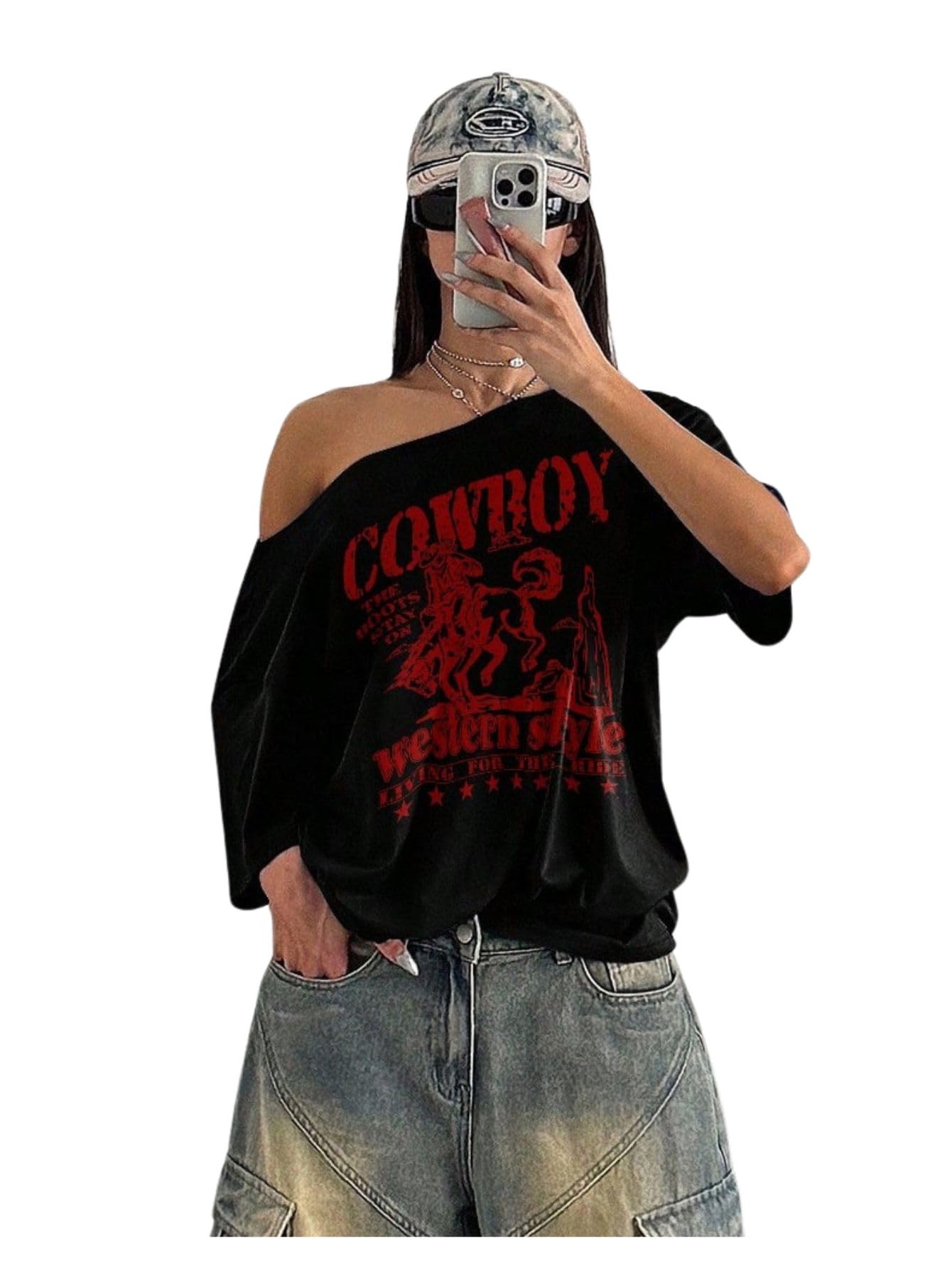 Women Cowboy Style Loose Fit Slouch Shoulder T-Shirt, Black