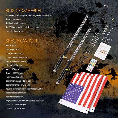 Nirider 2Pcs 2Ft Led Whip Lights With Flag Pole Remote Control Spiral Rgb Chase Light Offroad Warning Lighted Antenna Led Whips For Utv, Atv, Off Road, Truck, Sand, Buggy Dune, Rzr, Can-Am, Boat #TOP5