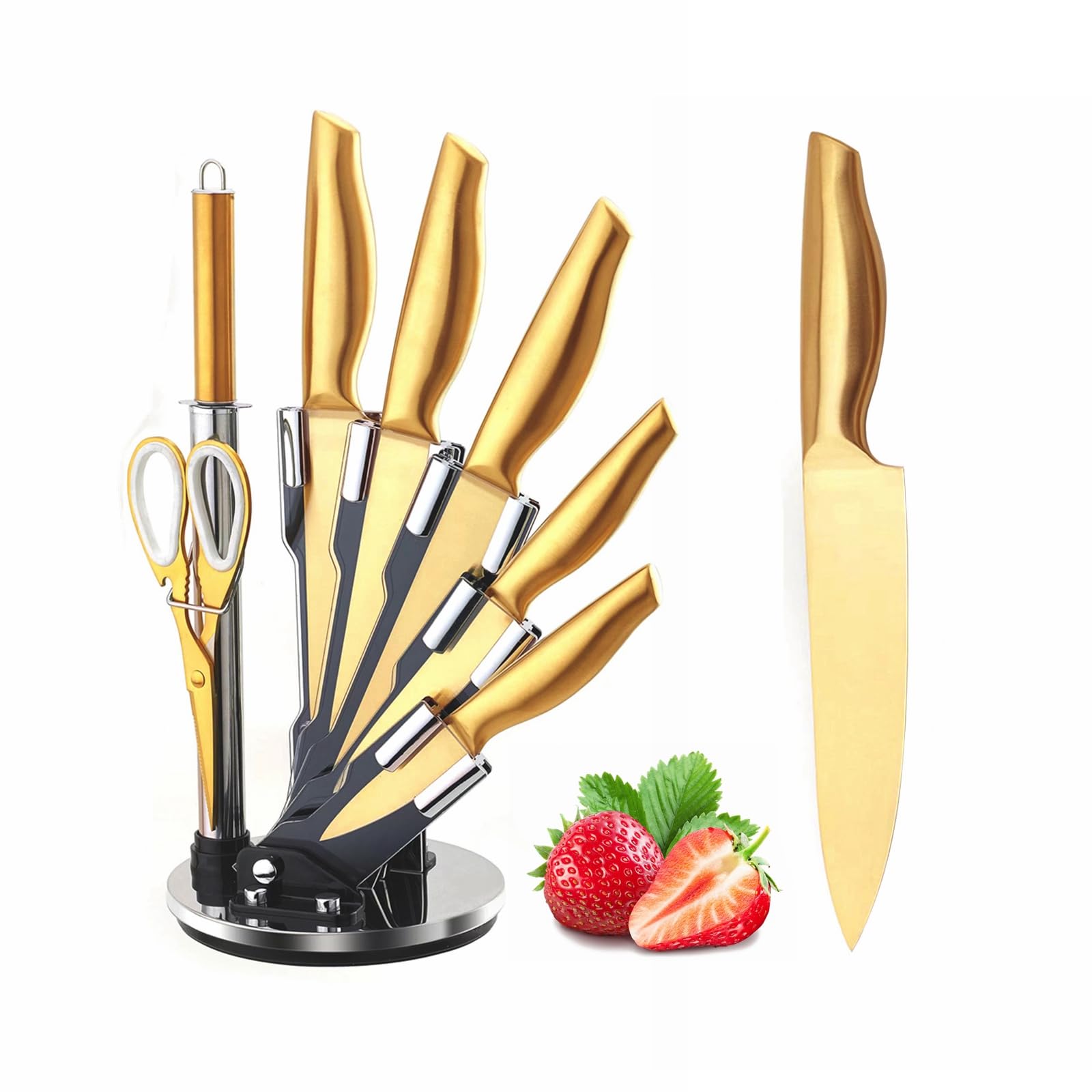 Gold Knife Set 8Pcs Gold Titanium-Coated Dishwasher Safe Kitchen Knife Block Set Stainless Steel with Ergonomical Handle