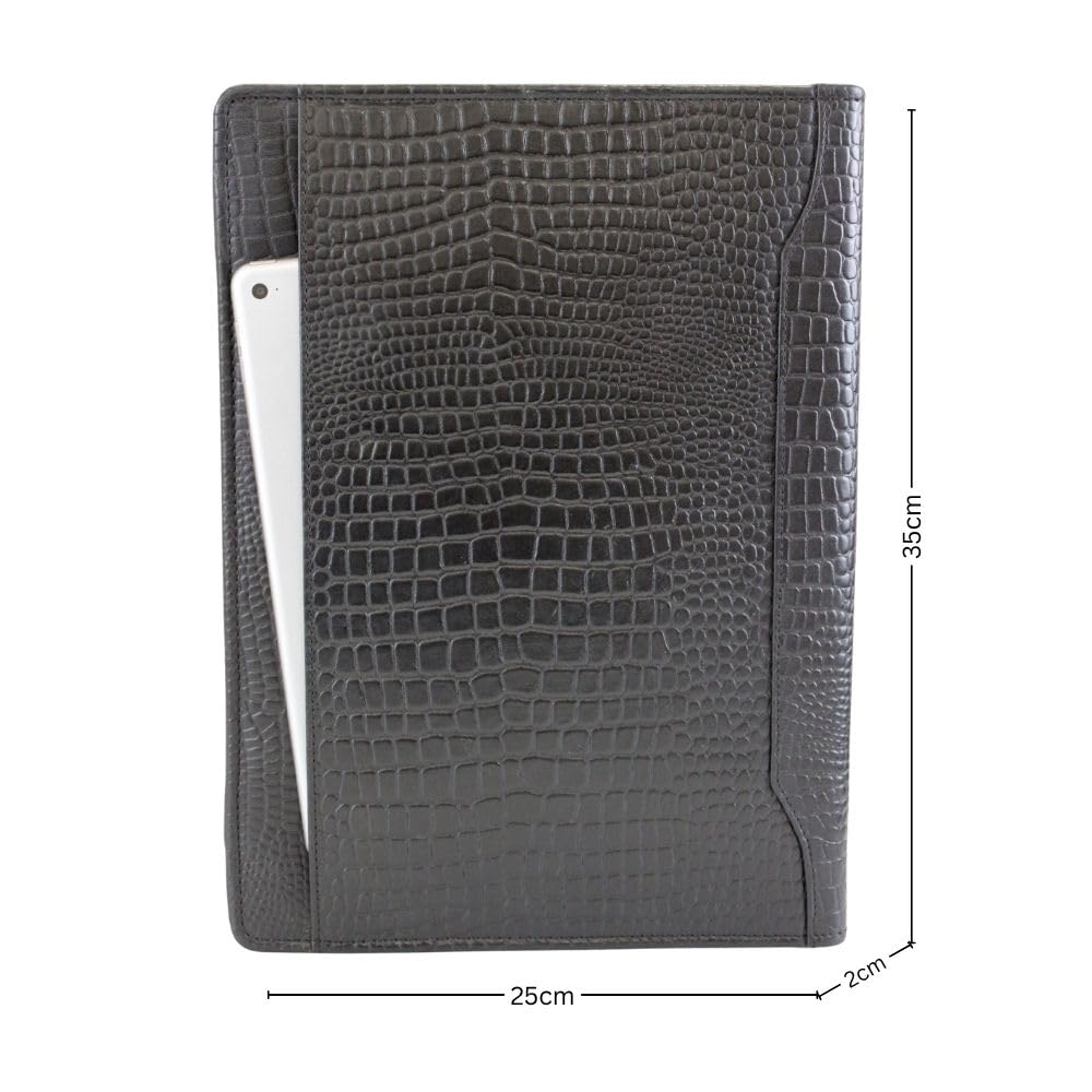 Leder Schreibmappe Croco - Luxus Leder Konferenzmappe mit Reißverschluss - A4 Businessmappe - Geschenk (Schwarz)