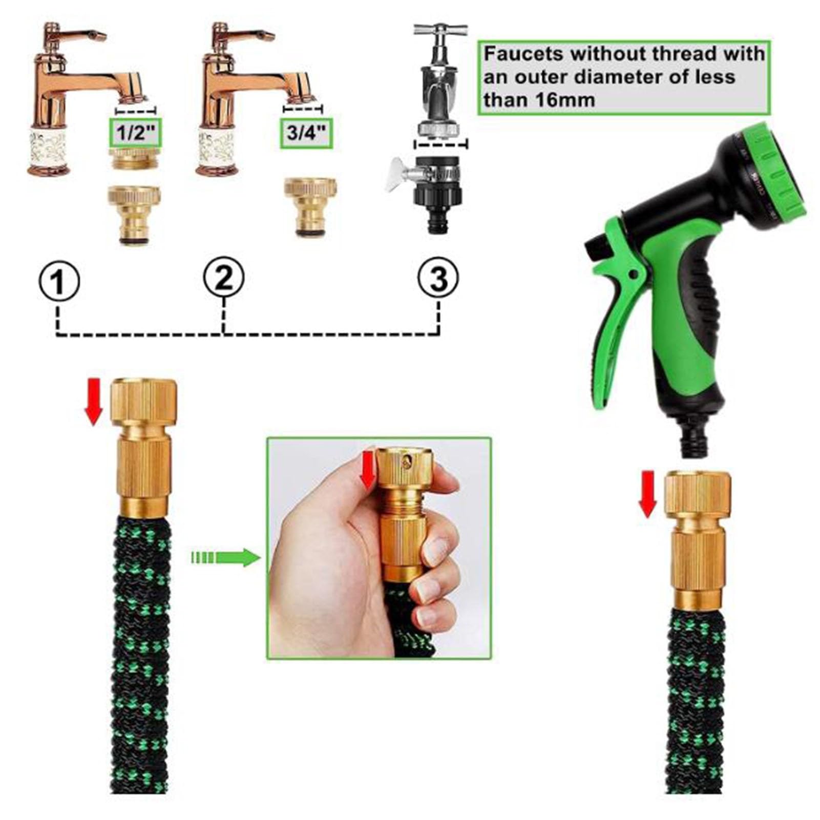 Tubo Da Giardino Espandibile EVERGD 3 Strati In Lattice, Lunghezza 7.5m-30m, Con Pistola 8 Funzioni E Connettori Ottone