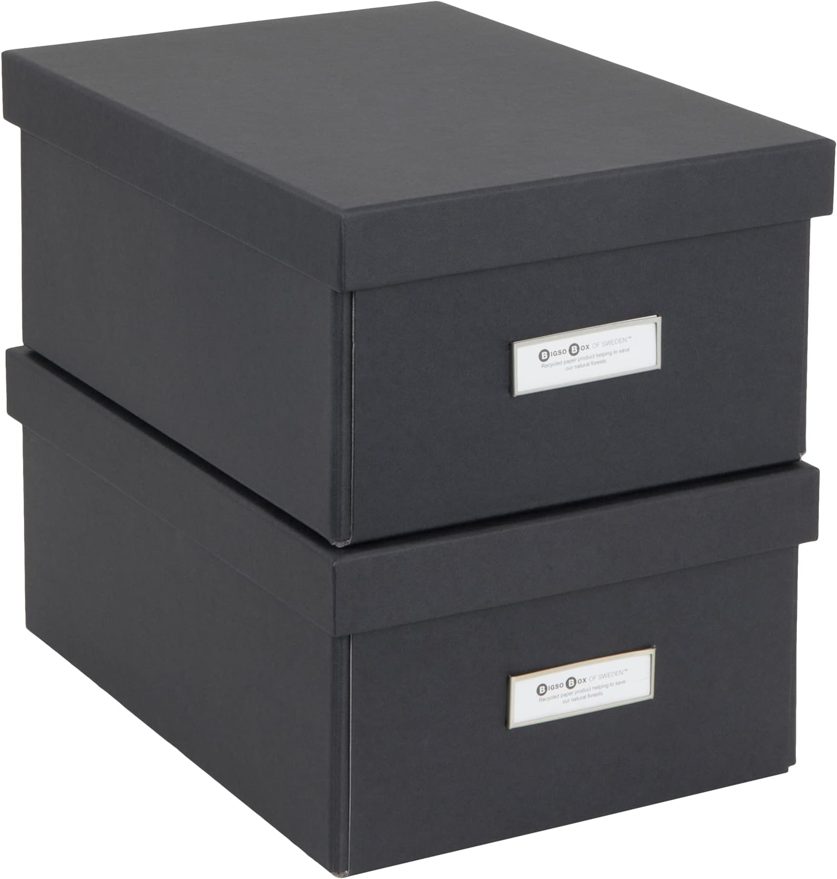 Bigso Box of Sweden Karin Collapsible Storage Box with Labelframe for Identification - Simple Assembly without Tools - Decorative Storage Boxes with Lids - 8.9in x 12.4in x 5.4in - 2 Pack - Dark Gray