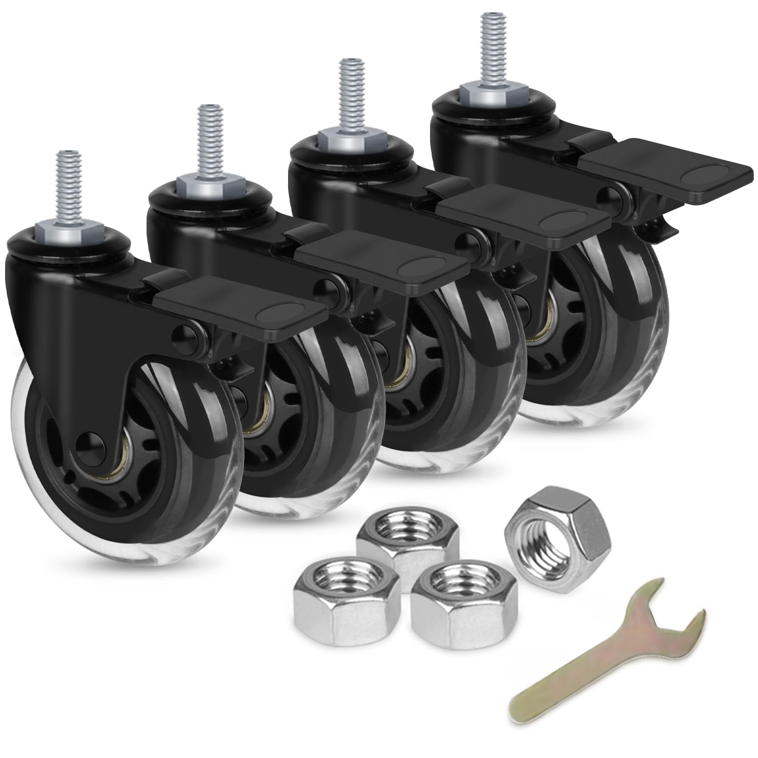 8T8 3 Inch Caster Wheels Heavy Duty with Brakes, Rubber Casters with 5/16"-18 x 1" Threaded Stem (Screw Diameter 5/16", Length 1"), Quiet and Smooth