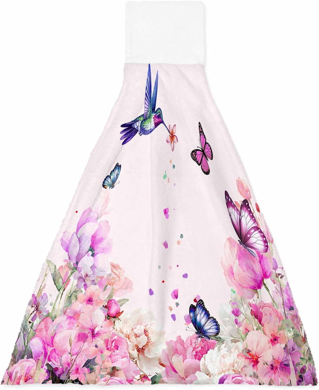 Pink Flower Kitchen Hand Towels with Hanging Loops Set of 2 Spring Floral Butterflies Birds Elegant Pastoral Soft Thick Oven Fingertip Dry Microfiber Tie Dish Towel Absorbent Cleaning Washcloth