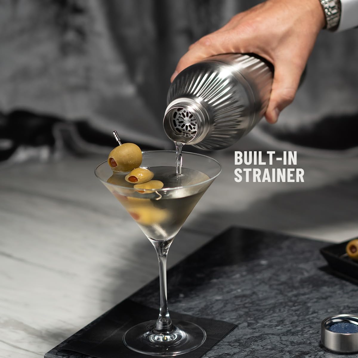 Elevated Craft Diamond Edition Hybrid Cocktail Shaker Set - Premium Vacuum Insulated Stainless Steel, 28 oz, Includes Built-In Strainer, Precise Measuring Top & XL Polishing Cloth - Martini Shaker - Image 5