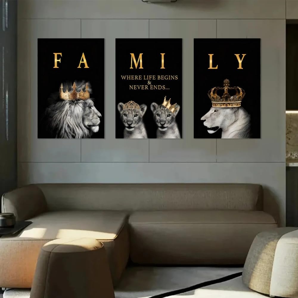 HURCP Set Of 3 Canvas Poster Motivational Quotes Crown Lions Family Golden Black Modern Wall Art Painting Gift Bedroom Living Room Dorm Gallery Corridor Decor Picture Prints,A3 (30X42CM)