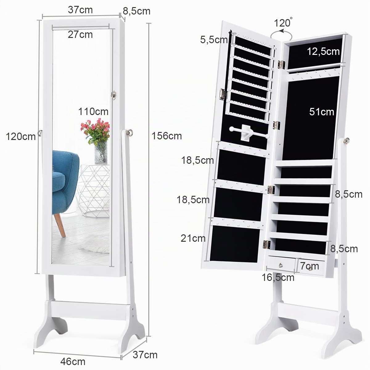 COSTWAY Schmuckschrank abschließbar, Schmuck Spiegelschrank mit Spiegel, Schmuckregal für Ringe, Kettenhaken, Ohrringe und Kosmetik, freistehend, weiß