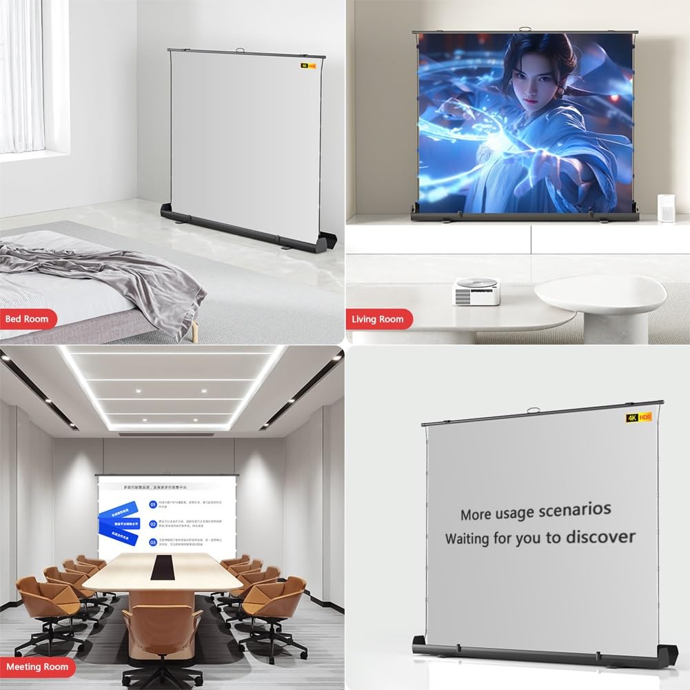 Telo Proiettore 4K HD da Pavimento, Schermo Cinematografico Portatile da 60 72 80 92 pollici con Supporto a Forbice per Esterni e Interni(60 Inch)